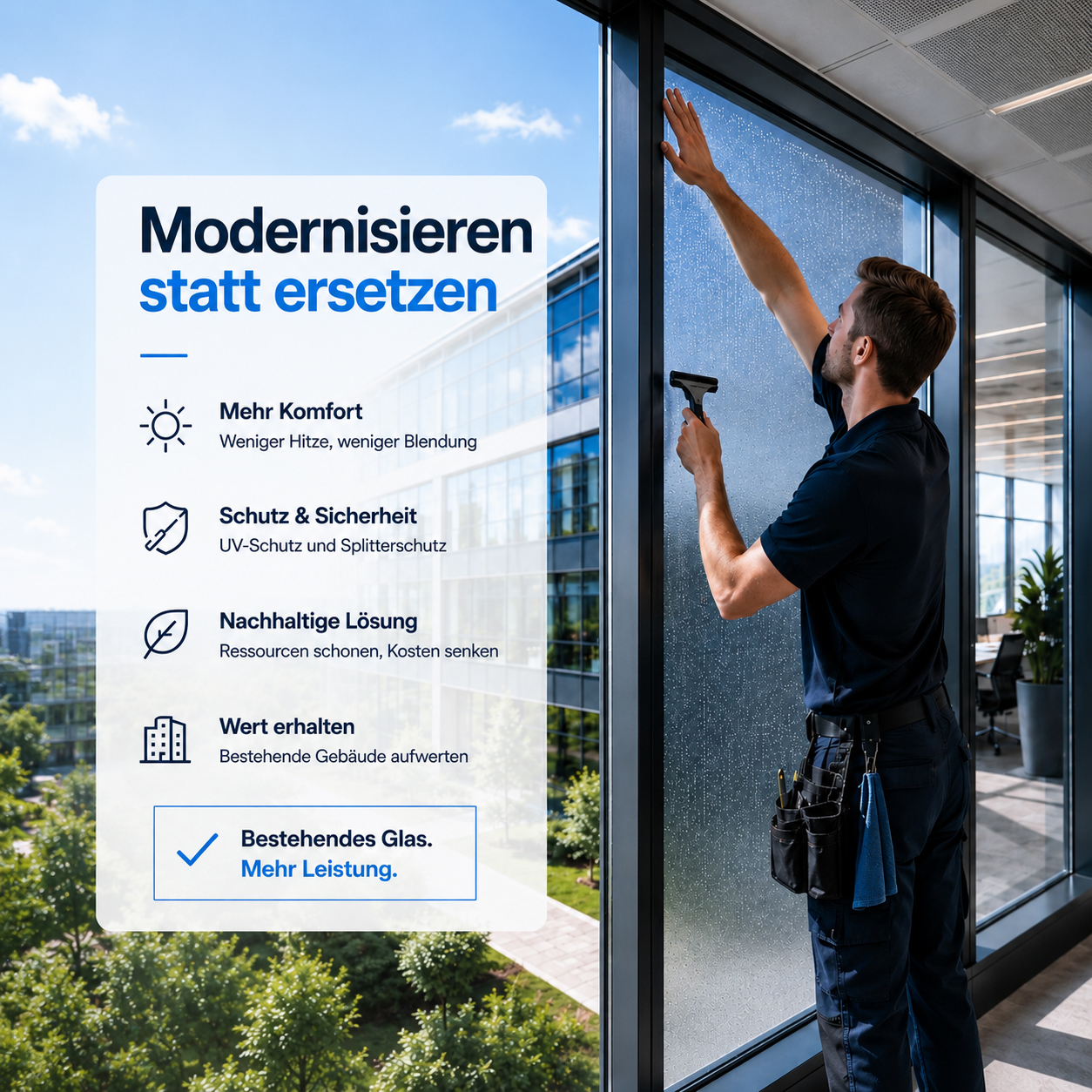 Montage von Sonnenschutzfolie auf Glasfenster mit Beschreibung modernisieren statt ersetzen