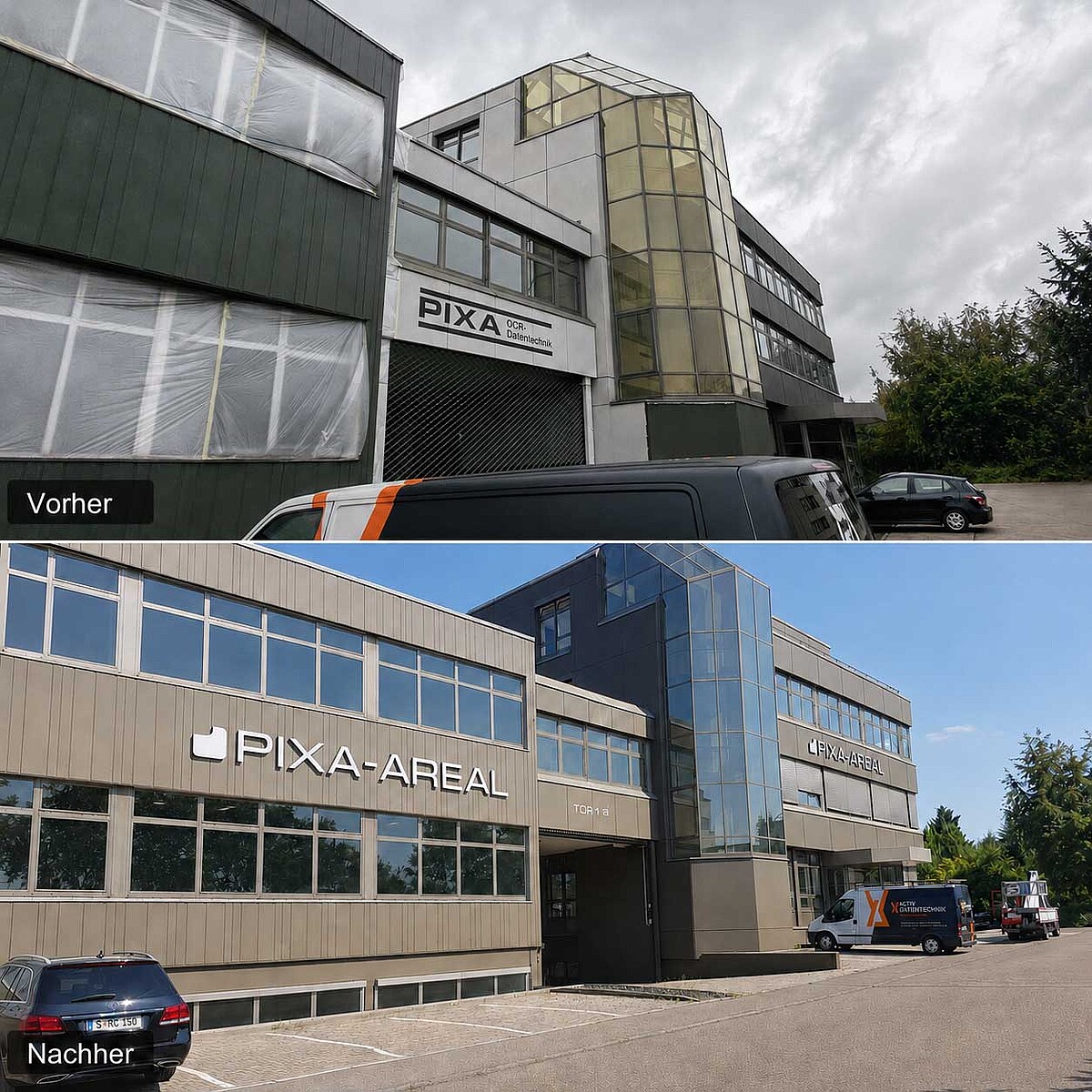 Vorher-Nachher Bild zeigt eine Fassadenfornt mit Glaselementen einmal ohne Sonnenschutzfolie und einmal mit Sonnenschutzfolie
