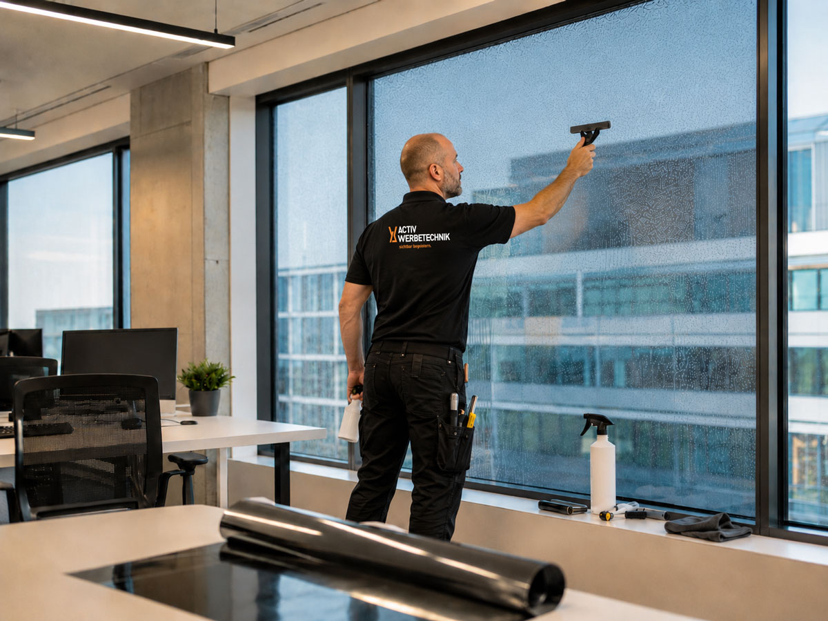 Montage von Sonnenschutzfolie auf Glasfläche in einem Büro