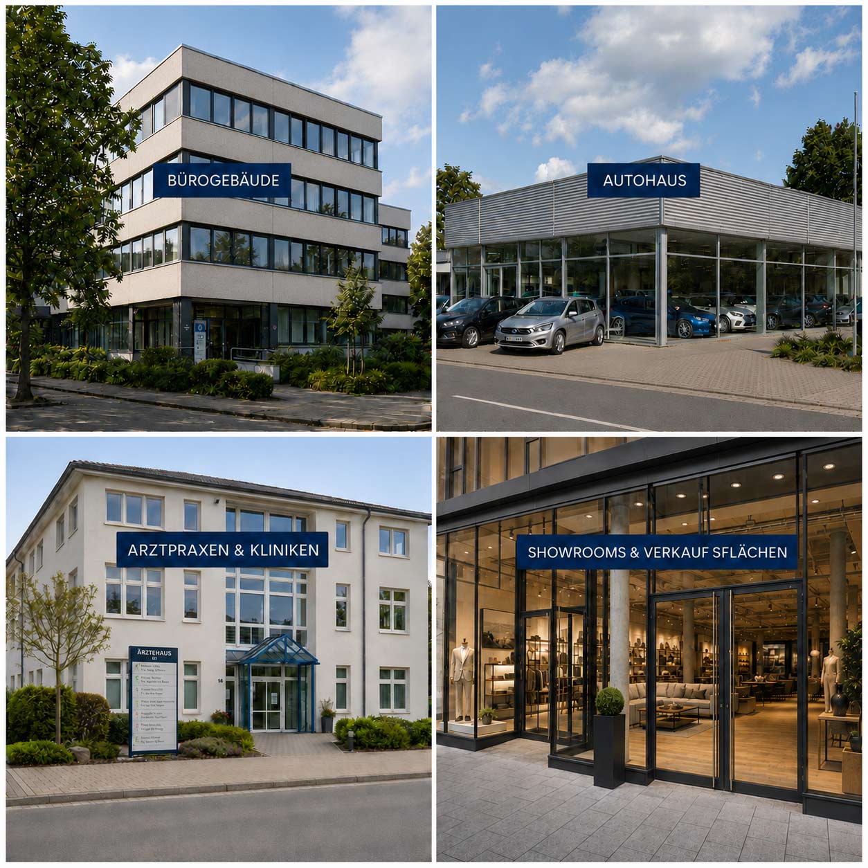Bürohaus, Autohaus, Arztpraxis und Schaufensterfront