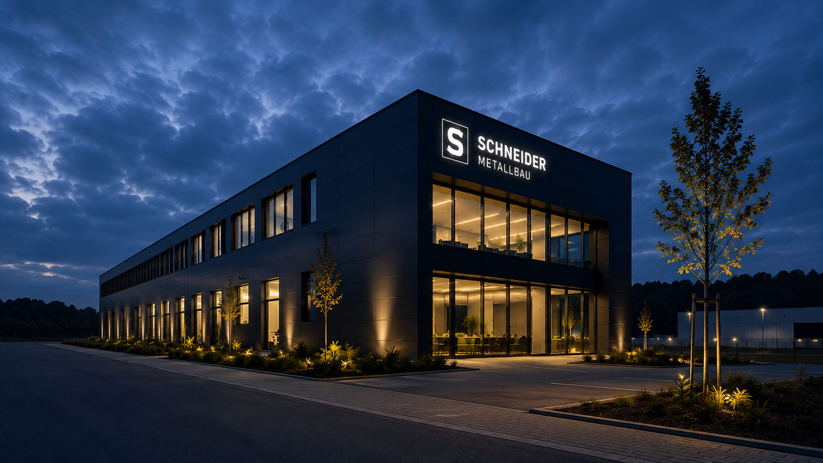 Beleuchtete Werbeanlage am Firmengebäude von Schneider Metallbau bei Dämmerung